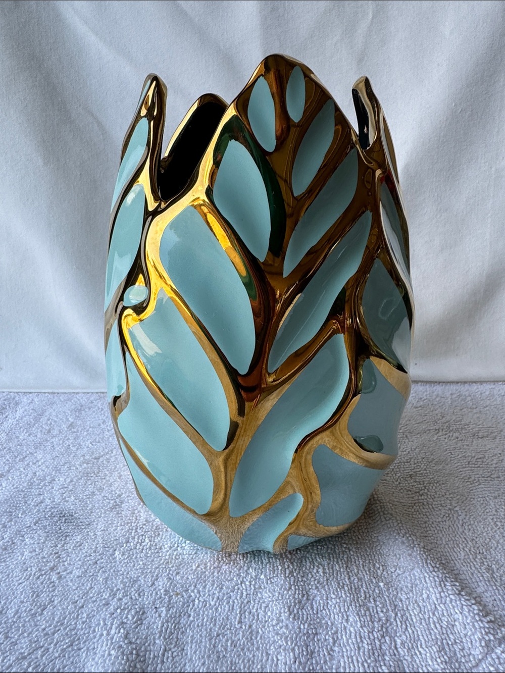 Decorative Light Blue and Gold Leaf Ceramic Vase